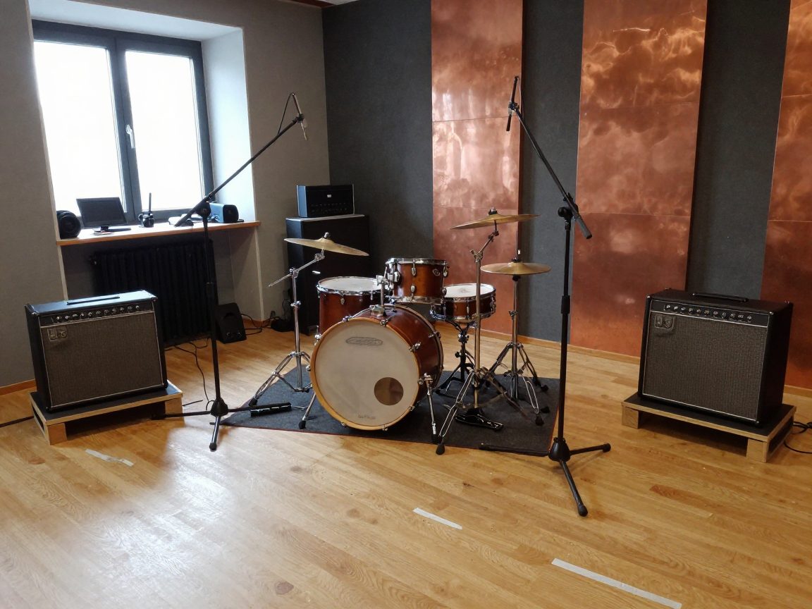 Live-Room mit Drumkit und Amps vor Band-Session vorbereitet.
