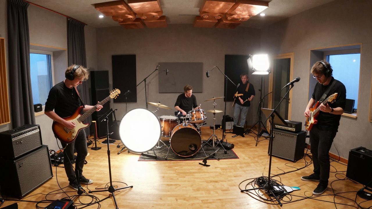 Band spielt live in Live-Room mit Schlagzeug hinter Absorbern.