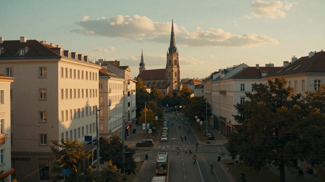 Vienna skyline and boulevards in warm evening light.
