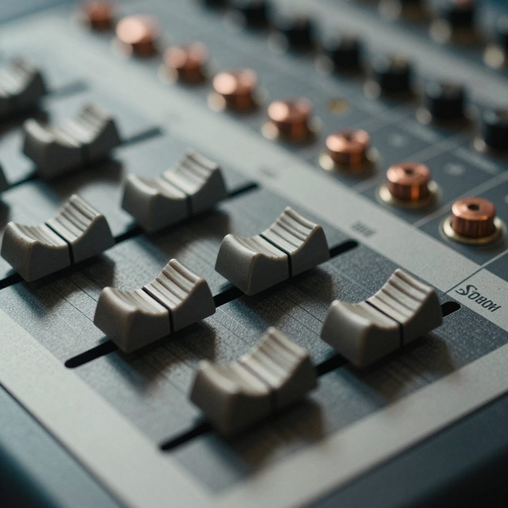 Close-up of faders and patch bay on mixing desk.