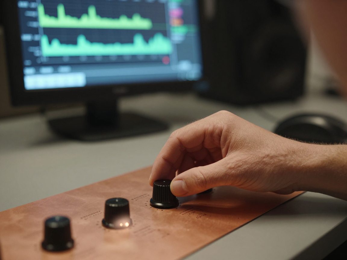Hands on outboard, spectrum display blurred in background.