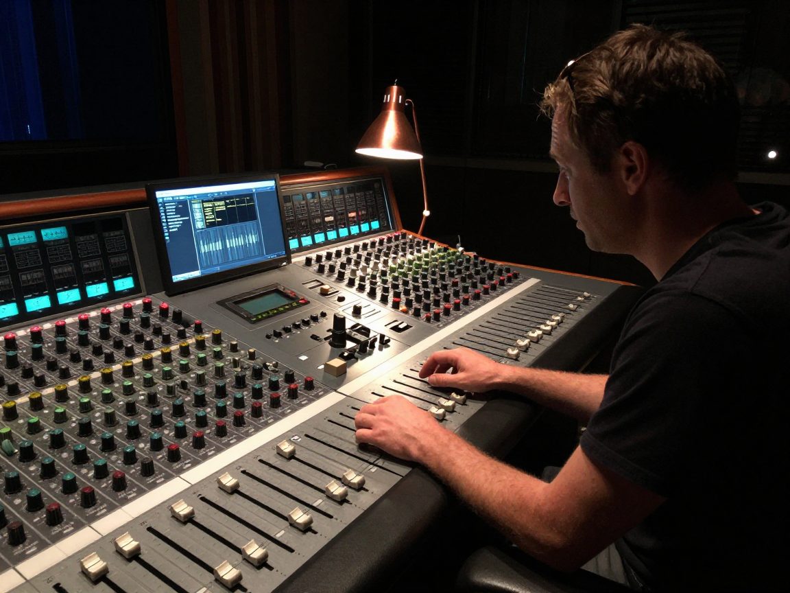 Mix-Engineer an analog-digital Mischpult in dunkler Regie.