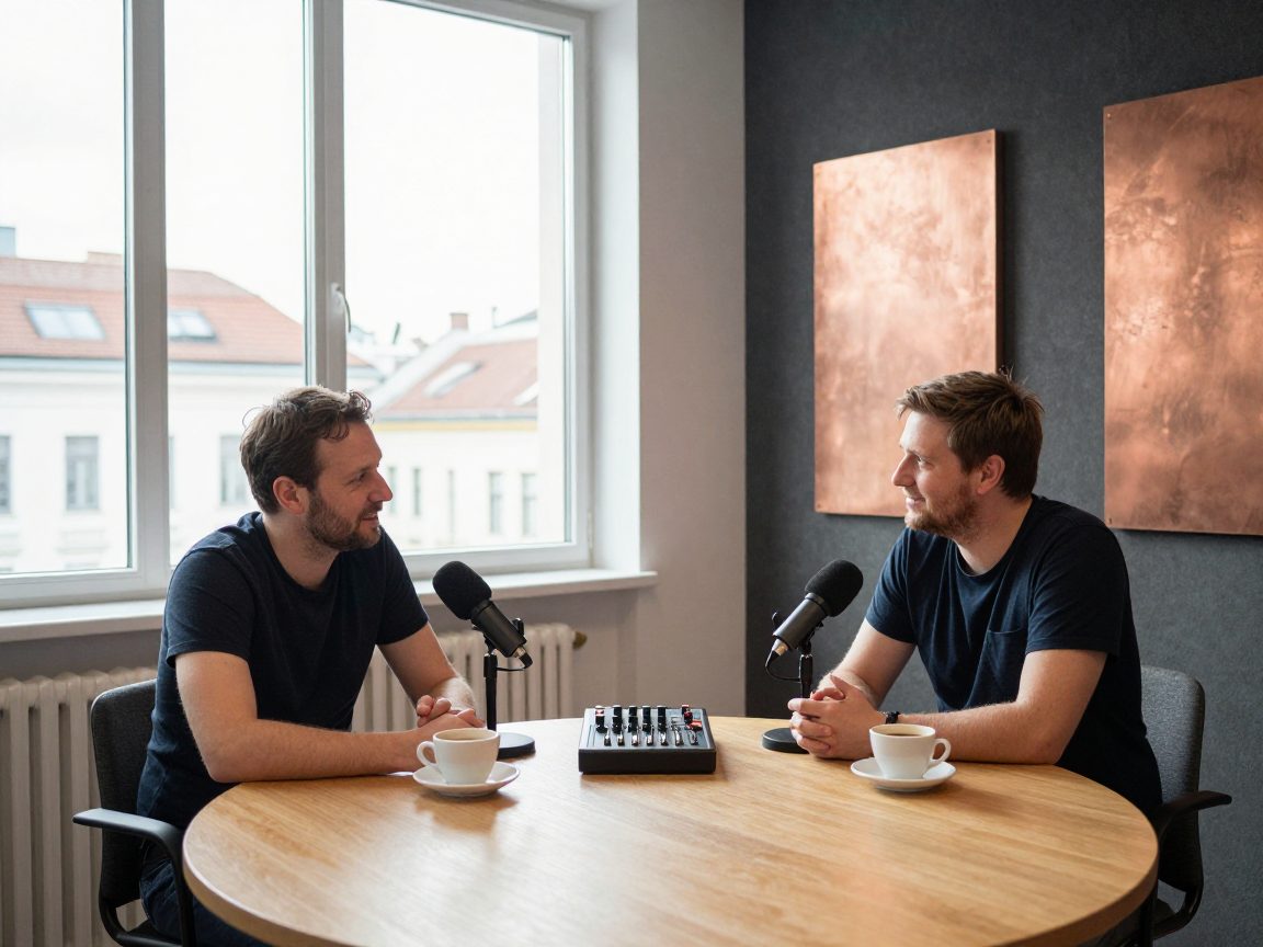 Zwei Podcast-Hosts am Tisch mit Mikrofonen und kleinem Mixer.