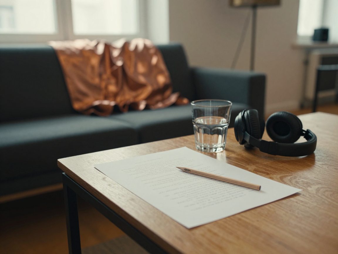 Vocal prep: lyric sheet, water, headphones on table.