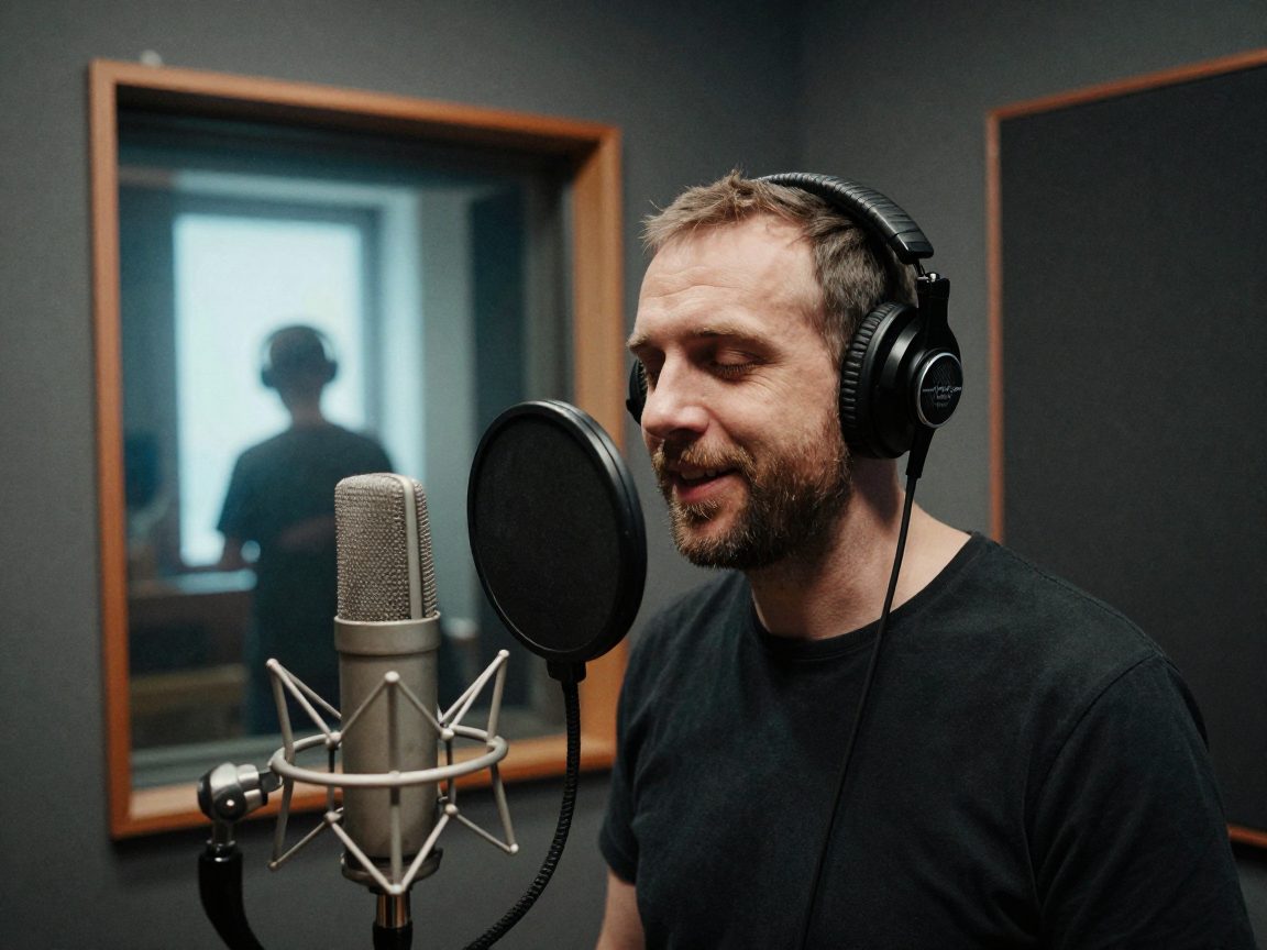 Gesangsaufnahme mit Kopfhörer und Popfilter in kleiner Booth.